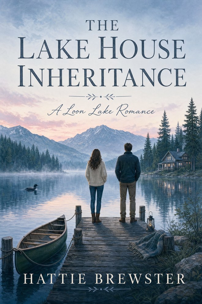 The Lake House Inheritance by Hattie Brewster - illustrated dock at dusk with lake under dusty blue sky